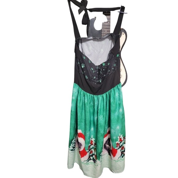 Christmas Holiday Santa Cat Dress Medium Black Halter Silky Fit & Flair C24 - Picture 3 of 11